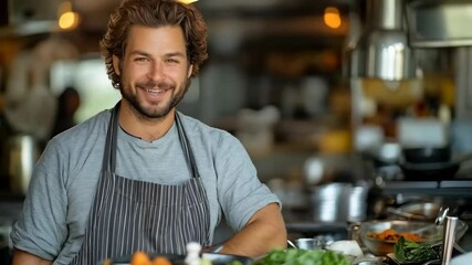 Cheerful caucasian man chef with curly hair, beard wearing apron, grey t-shirt talking on kitchen, with copy space. Concept of cooking profession, culinary expertise and food blogging