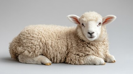 A cute, fluffy lamb lying down against a neutral background.