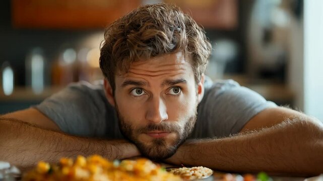 Thoughtful man resting head on hands near abundant food dishes on kitchen table, not eating, close up. Concept of lost appetite, willpower, eating disorders and food temptation