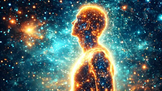 The interconnectedness of all things. A human silhouette intertwined with a cosmic web of light represents the universal flow of energy.