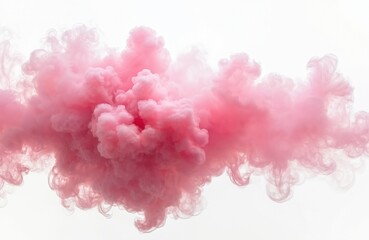 Fototapeta premium Abstract pink smoke cloud floats gently on white background. Delicate swirls, soft puffs create billowing effect. Pink vaporous mist adds touch of ethereal beauty. Creative art piece with elegant