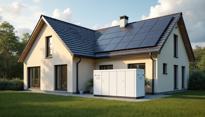 Fototapeta premium Modern house with integrated solar panels, battery storage system. Exterior view of home demonstrates eco-friendly tech. Stylish design integrates renewable energy solution. Future-proof home design