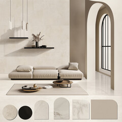 mood board for a living room with a modern classic style, colors beige, vanilla, black steel framed windows and light marble finish epoxy flooring with decorative arched wall shelves
