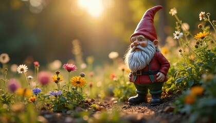 Adorable garden gnome stands amidst colorful flowers in a sunny garden. Peaceful scene. Spring or summer day. Gnome is old and bearded. Looks at flowers. Peaceful and beautiful garden. Outdoor photo.