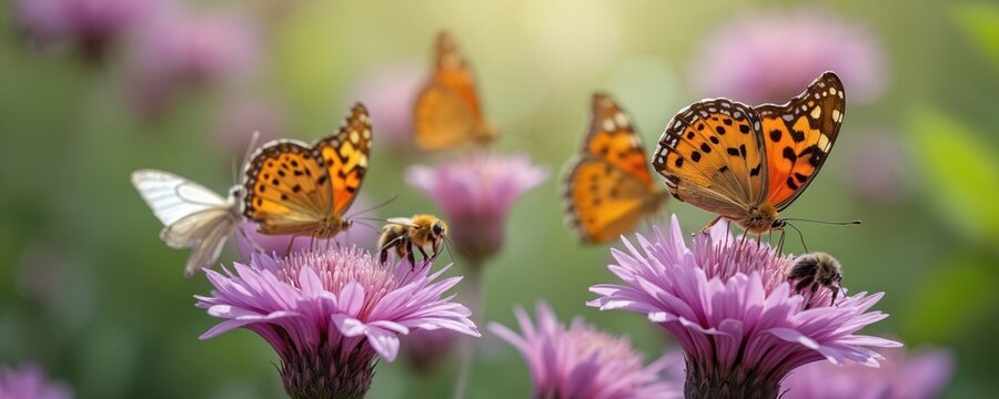 Butterflies, bees gather on pink flowers in garden. Sunny day outdoors. Insects visit flowers. Beautiful nature scene. Spring summer. Peaceful nature moment. Blooming flowers. Colorful butterflies. - Powered by Adobe