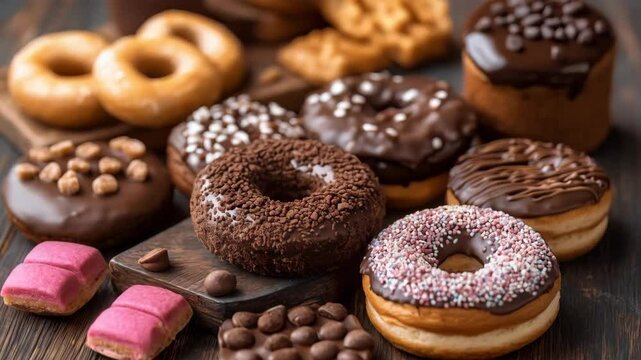 Chocolate donuts with sprinkles, cookies, candies on wooden table. Concept of sweets, quick carbohydrates and confectionery products