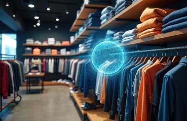 Retail store interior displays clothes on shelves, hangers. Abstract glowing tech visualization sphere overlays clothing. Tech, retail future integration suggested. Clients shop for fashion trends.