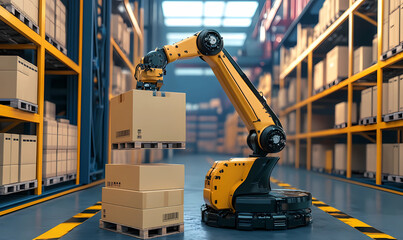 Robotic arm lifting boxes from a container, showcasing automation and efficiency in warehouse operations