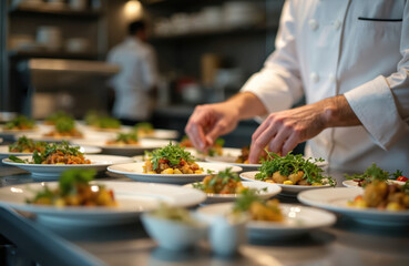Obraz premium Chef preparing gourmet dishes in restaurant kitchen. Dishes plated with careful attention to detail. Healthy food looks delicious, artistic. Pro chef in uniform. Busy restaurant. Restaurant food