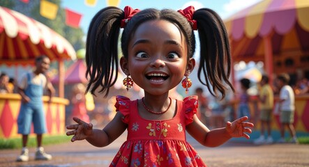 Toddler black African girl giggling pigtails red dress on festival fairground background 3d illustration