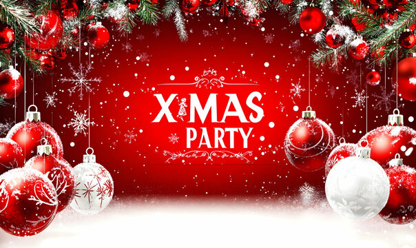 Festive Christmas party invitation background design with red and white ornaments, snow, and Xmas party text. Perfect for holiday cards, websites, and social media.
