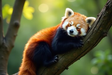 Fototapeta premium Snoozing red panda suspended upside down in a tree, branches, panda, nature