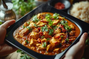 Steaming Chicken Curry, Hands Holding Dish, Kitchen Setting, Food Photography