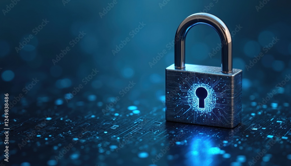 Poster secure digital lock. illustration shows metallic padlock with glowing circuit board pattern. modern 