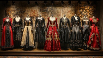 Exquisite collection of historical-themed costumes displayed on mannequins