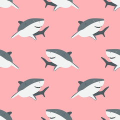 Seamless cartoon smiling shark pattern. Vector marine animal background