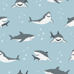 Cartoon Sharks seamless pattern. Cute smiling shark in different poses. Marine predator fish background