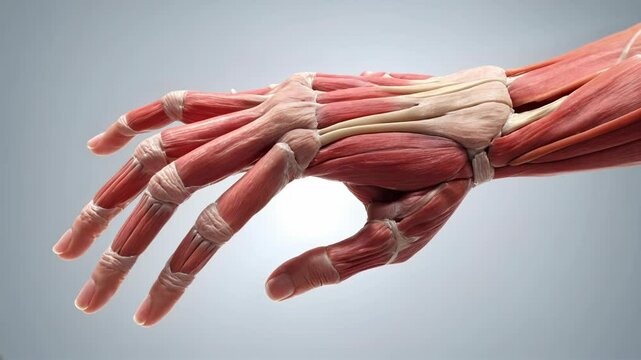 Intricate anatomy of the human hand. Muscles, tendons, and bones work in harmony for dexterity and precision.
