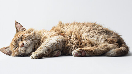 A fluffy ginger cat is sleeping peacefully on a white background.