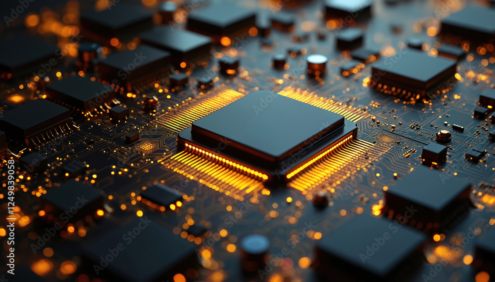Poster advanced computer chip technology. close-up view of high-performance circuit board. modern tech inno