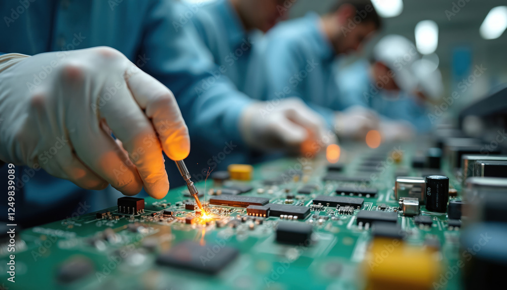Aufkleber workers carefully solder components onto circuit boards in factory. precision work evident in close-