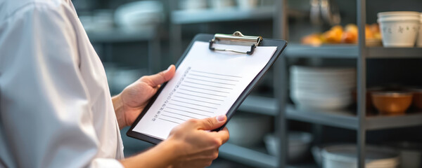 Person holds clipboard with hygiene checklist. Restaurant kitchen equipment in background. Food safety audit in progress. Focus on restaurant cleanliness, compliance with safety standards. Pro food