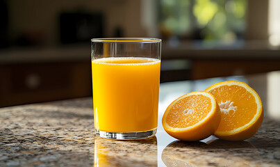 Glass of freshly squeezed orange juice on a glass table, offering refreshing, healthy living and vibrant fruit imagery