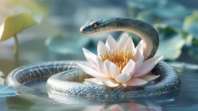 Naga snake is peacefully resting on a white water lily flower in a pond, creating a serene and captivating scene