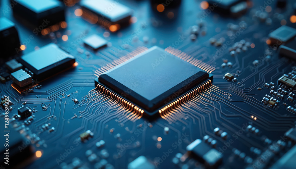 Poster advanced tech chip embedded in complex circuit board. high-tech processor shows intricate design. cl