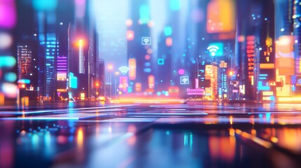 Obraz premium An urban city street filled with different small businesses, each having digital floating location markers and real-time customer reviews visible, illustration style, vibrant colors, futuristic c