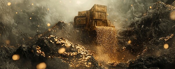 Antique gold mining machine in a misty mountain setting, coins cascading down like a golden waterfall, intricate retro design with aged metals