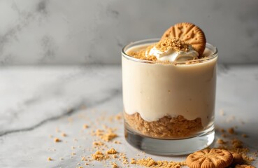 Delicious dessert in glass. Creamy dessert with whipped cream and cookies. Served on a marble background. Perfect for a sweet treat or a festive occasion. Sweet, fresh dessert with rich flavors.