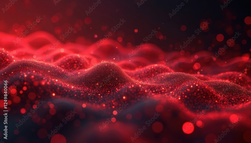 Poster abstract red tech background shows dynamic network system with artificial neural connections. futuri