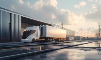 Fototapeta premium Self-Driving Truck Pulling Goods from Modern Logistics Hub, Representing the Future of Freight Transport