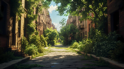 deserted city street lush vegetation