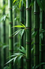 Close up view of green bamboo stalks, fresh leaves. Green bamboo forest. Natural eco theme. Tranquil nature scene. Peaceful bamboo grove. Green bamboo background image. Beautiful nature background.