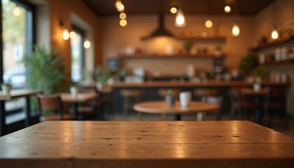 Cozy cafe interior with wooden tables, chairs. Warm lighting creates relaxing atmosphere. Empty tabletop provides blank canvas for product display montage. Perfect for cafe decor restaurant menus.