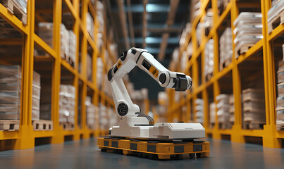 Robot moving pallets from a logistics center, showcasing automation and efficiency in modern warehousing and logistics