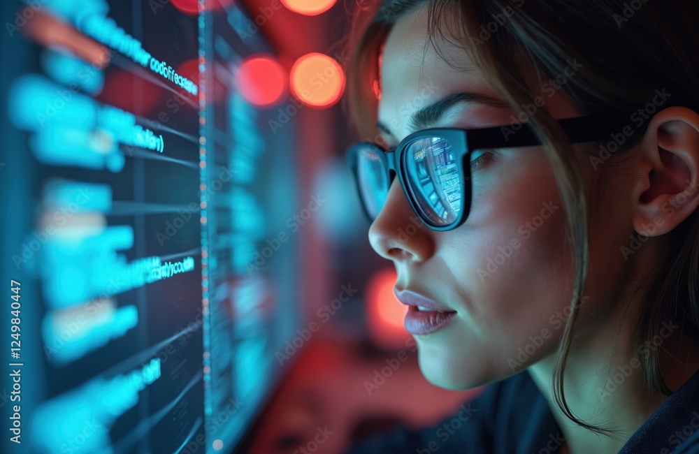 Aufkleber focused woman in tech analyzes code on computer screen. concentrated data analyst reviews data. mode