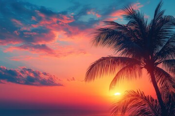 A serene sunset over the ocean, framed by palm trees and colorful clouds.