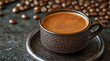 Freshly made coffee in a traditional Turkish coffee brewing pot, modern bright tone with a blurred background and empty space for caption, symbolizing warmth, culture, and tradition