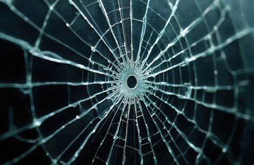 Obraz premium Close-up view of shattered glass. Broken glass texture shows intricate cracks radiating from central point. Glass pieces form spiderweb pattern. Dark background emphasizes fragmented pattern.