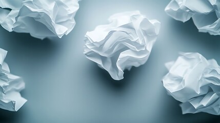 Obraz premium Crumpled white paper balls scattered on a smooth surface, creating a minimalist and artistic composition