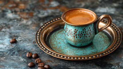 Freshly made coffee in a traditional Turkish coffee brewing pot, modern bright tone with a blurred background and empty space for caption, symbolizing warmth, culture, and tradition