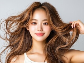 Naklejka premium Young Woman with Flowing Hair Expressing Joy and Confidence Against a Light Background