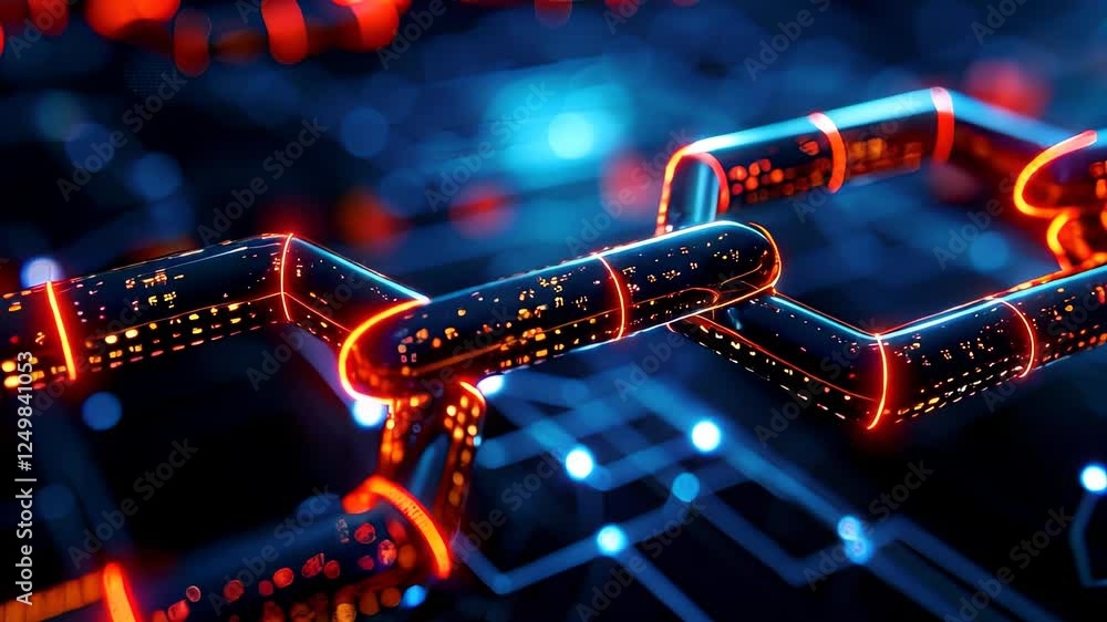Poster digital chain links rotate, symbolizing blockchain security and interconnectedness in the digital wo