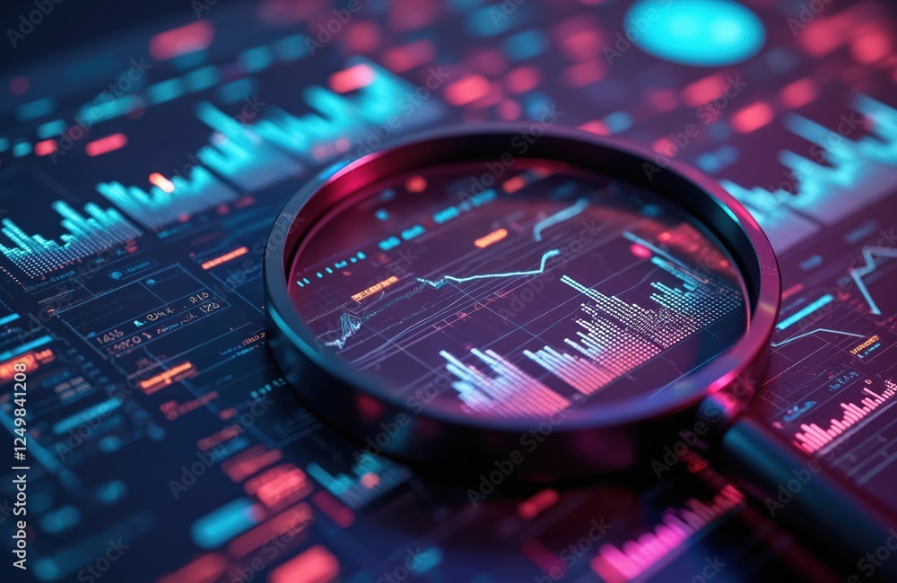 Poster futuristic tech interface with data analysis graphs, charts. magnifying glass focuses on data points