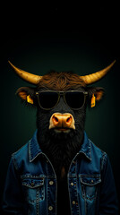 Naklejka premium A bull wearing sunglasses and a denim jacket