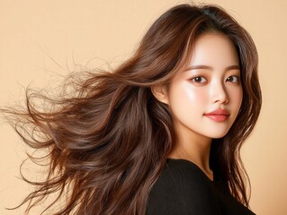 Fototapeta premium Young Woman With Flowing Hair Exuding Confidence Against A Soft Beige Background