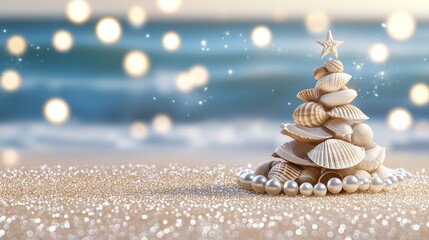 Beachside Christmas tree decorated with shells and pearls, soft waves in the background, perfect for festive announcement text, coastal holiday vibe